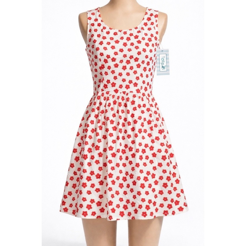 Tulip B Fit & Flare‎ Dress Women Large White Red Floral Cotton Sleeveless NWT